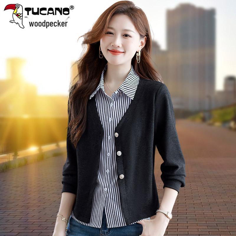 

Woodpecker Women s Long Sleeve Striped Splice Slim Shirt - Fashionable, Age-Reducing Spring & Autumn Top XL (recommended 110-125 jin) чорний