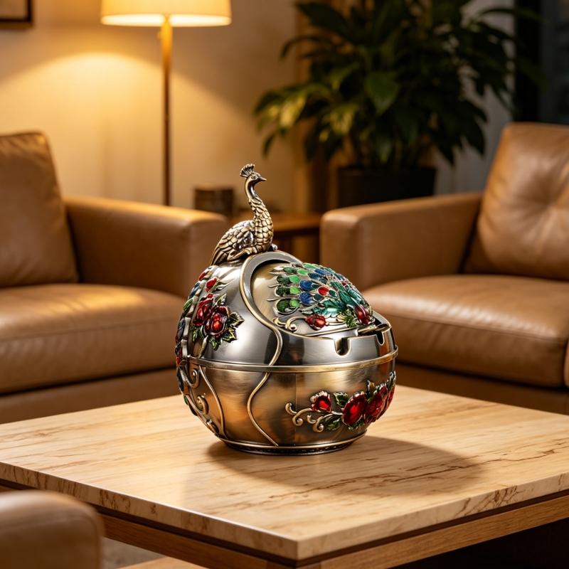 Home Office Ashtray with Covered Opening and Metal Body, Enclosed Bowl Design for Desk Balcony and Patio Use Daily