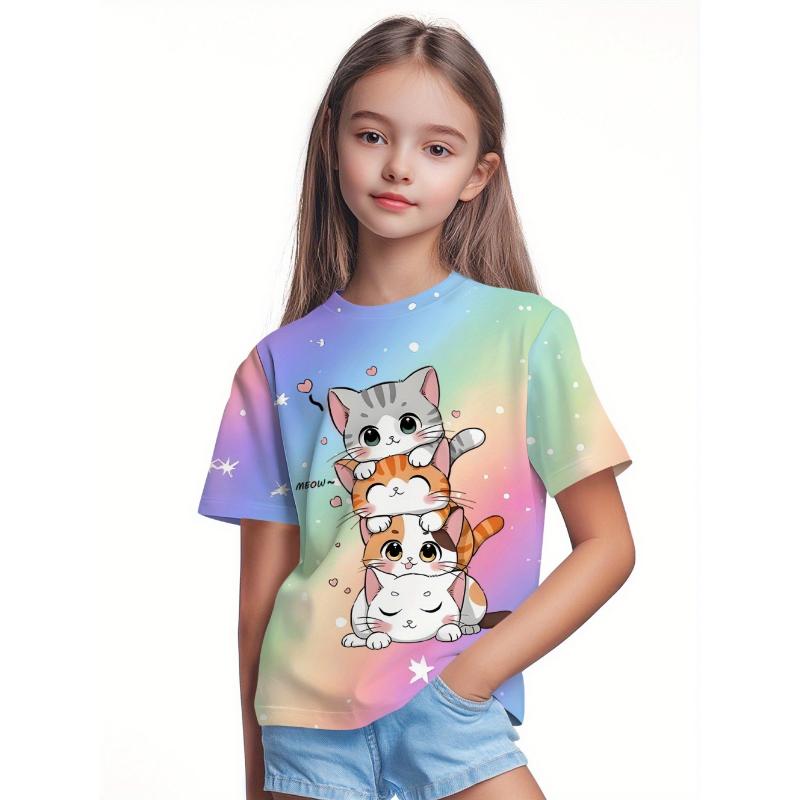 Kawaii Cat Girls Clothes 3D Print Children's T-Shirt O-Neck Pullover Girl Short Sleeve T-Shirt Comfortable Children's Clothing