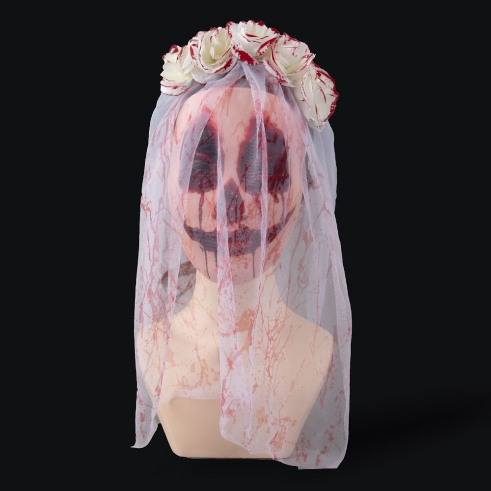 Blood Rose Flower Crown Ghost Cosplay Accessories Hair Hoop with Veil  for Women