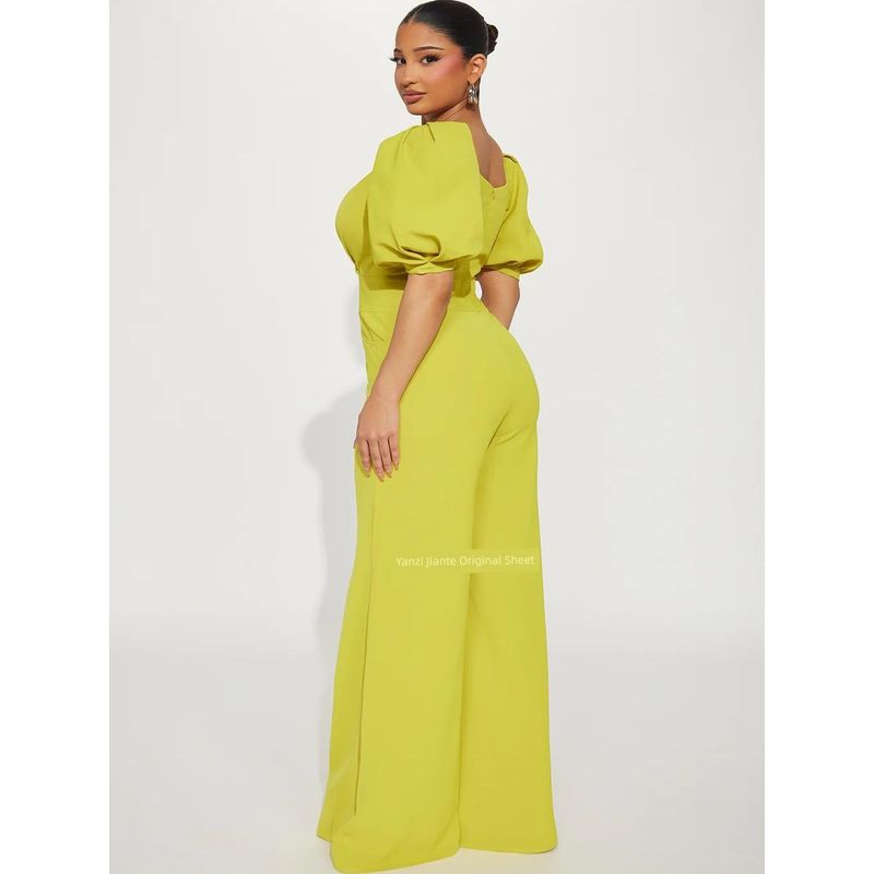 Laomei Single FN Yellow Puff Sleeves Square-Cut Collar High Waist Loose Pants Bell-Bottom Pants Pants