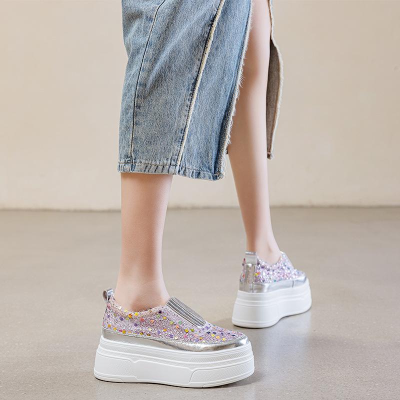 Mode 8.5CM Frühling Mesh Echtleder Damen Vulkanisierte Bling Mode Klobige Sneaker Sommer Strass Casual Plateau Keilschuhe