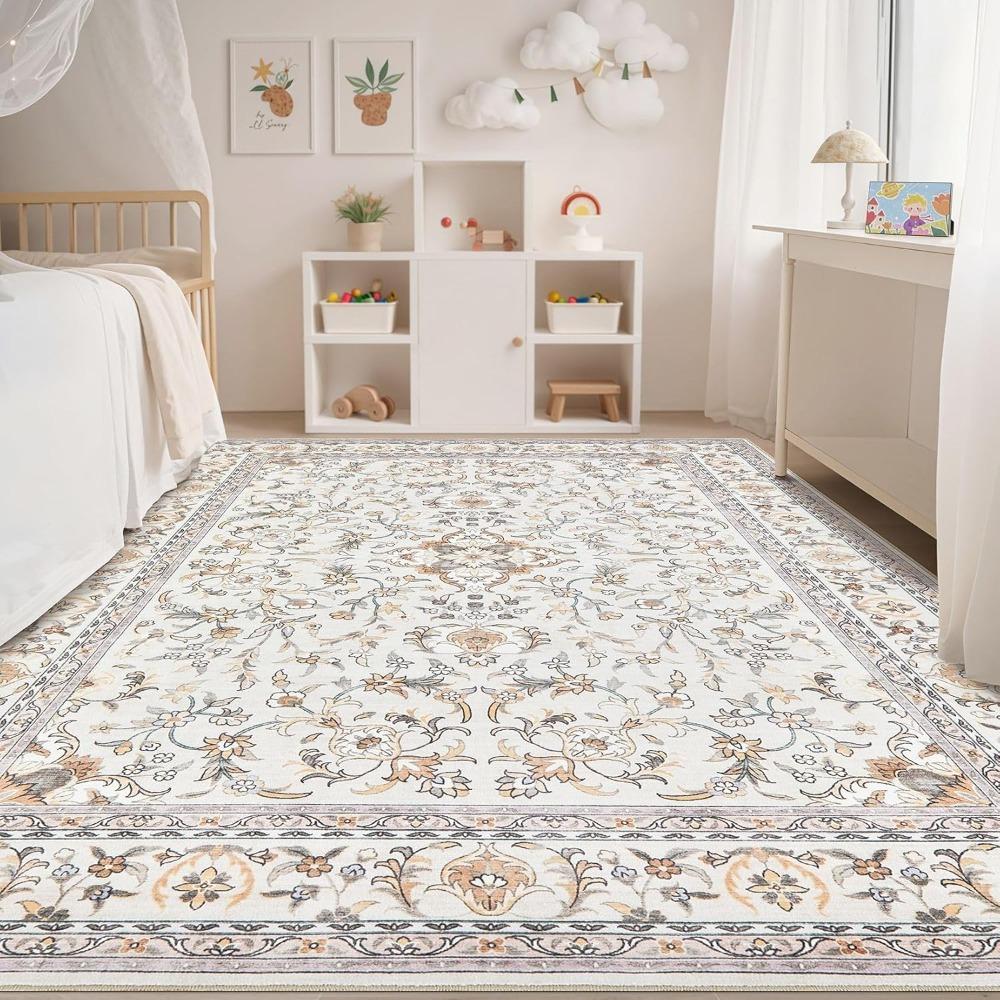 Crystal velvet carpetArea Rug Living Room Rugs: Washable Vintage Floral Oriental Farmhouse Large Thin Indoor Carpet for Bedr