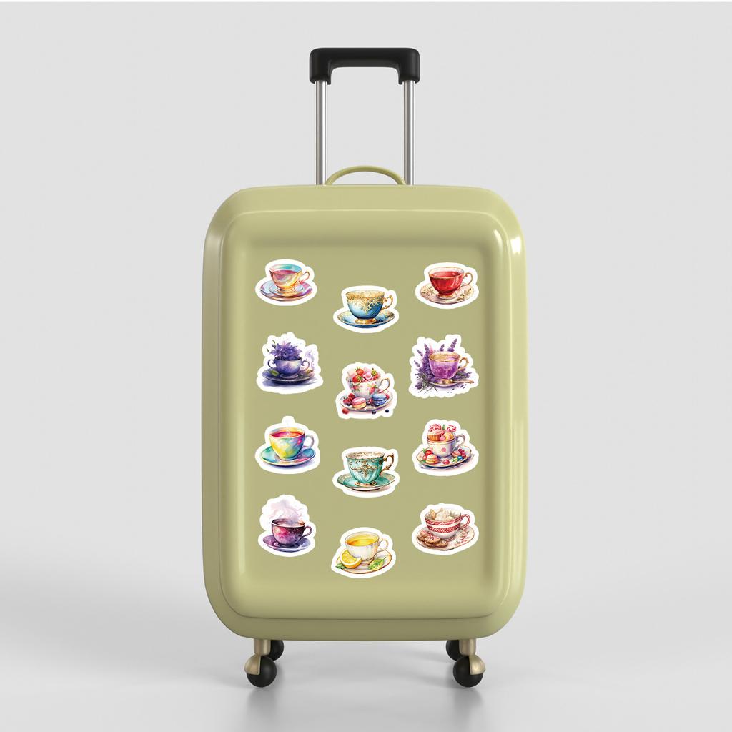 50 Sheets of Watercolor Tea Cup Series Graffiti Stickers, Waterproof Decorative Stickers for Computers, Creative DIY Stickers