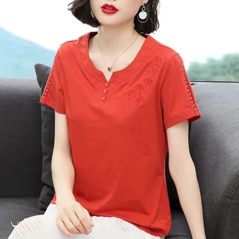 Women's Elegant Red Floral Embroidery Lace Sleeve T Shirt
