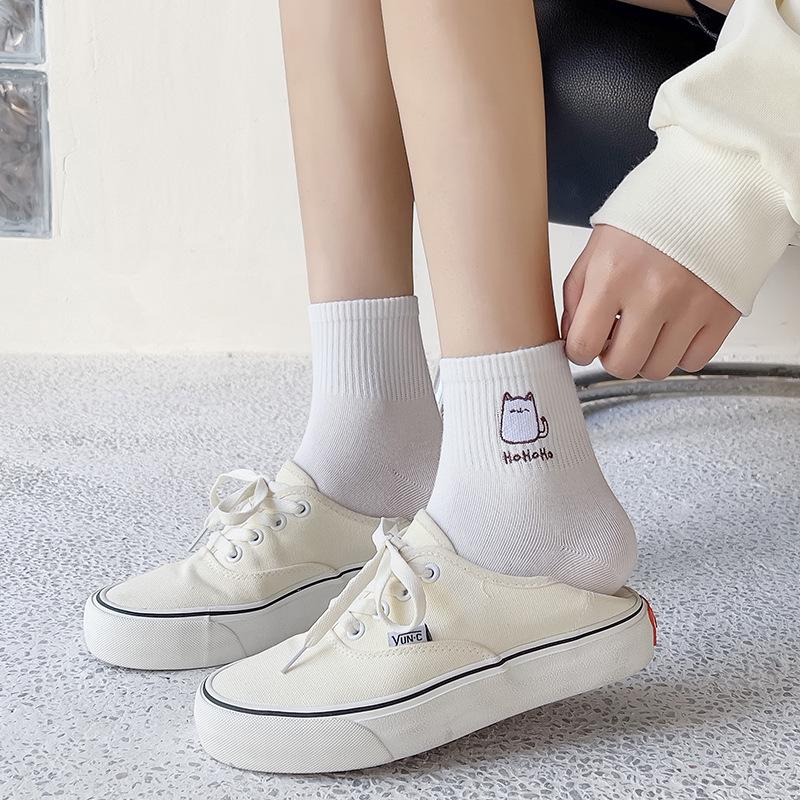 Women's Spring & Autumn Cotton Mid-Tube Socks - Japanese Style with Cute Cartoon Bunny Embroidery