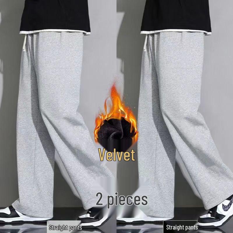 Korean-Style Plus Size Fleece-Lined Sweatpants for Students - Loose, Straight-Leg Casual Pants for Autumn/Winter.