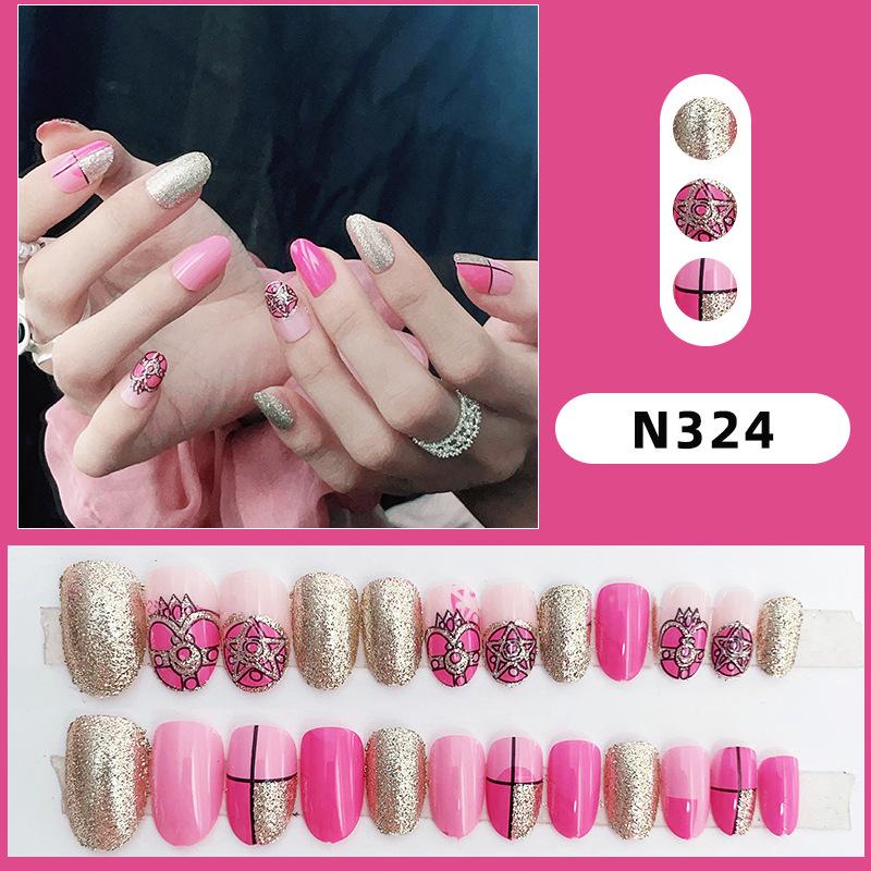 

Y2K Крутые и Милые Носимые Блестящие Ногти - Розово-Красные Золотые Цветные Блоки Накладные Ногти Патчи