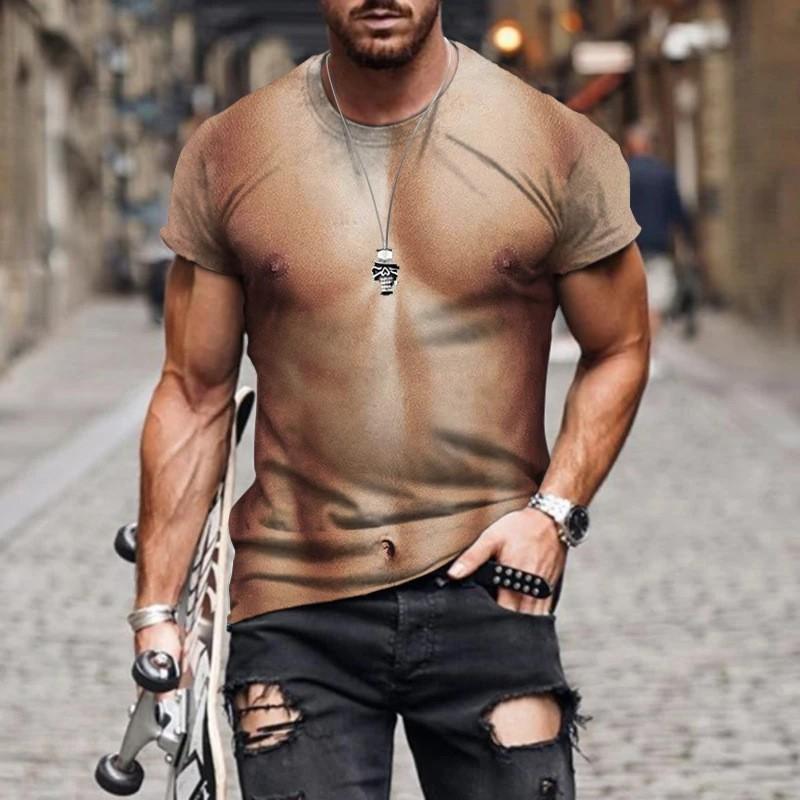 Mens 3D Printed Muscle Design T-Shirt Digital Print Short Sleeve Casual Crew Neck Breathable Loose Fit Tee