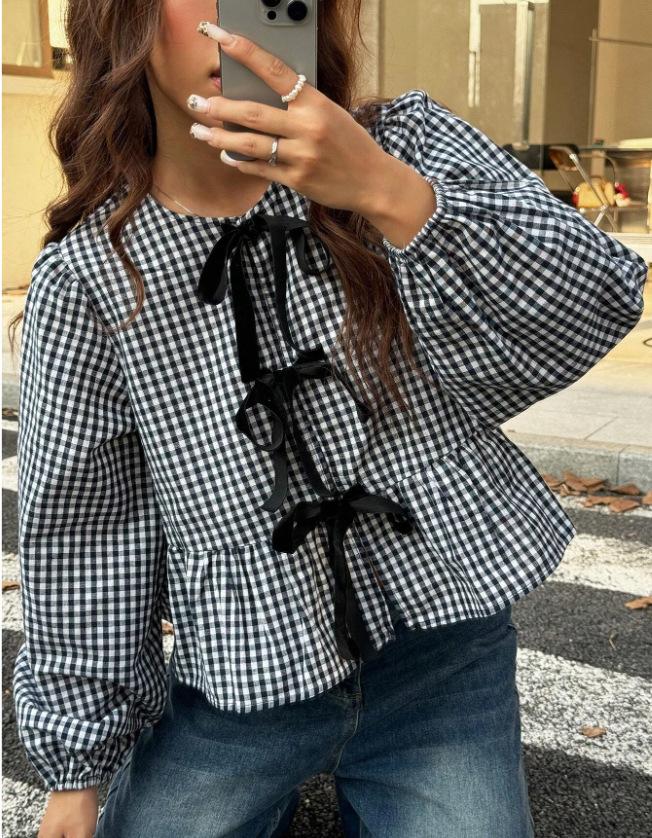 Women Plaid Bow Tie Blouse Puff Long Sleeve Round Neck Ruffle Hem Loose Casual Shirt Summer Commuter Top Source Factory Apparel