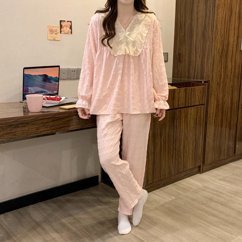 Japanese-Style Lace Bubble Crepe Pajamas for Women - Spring Long Sleeve Solid Color