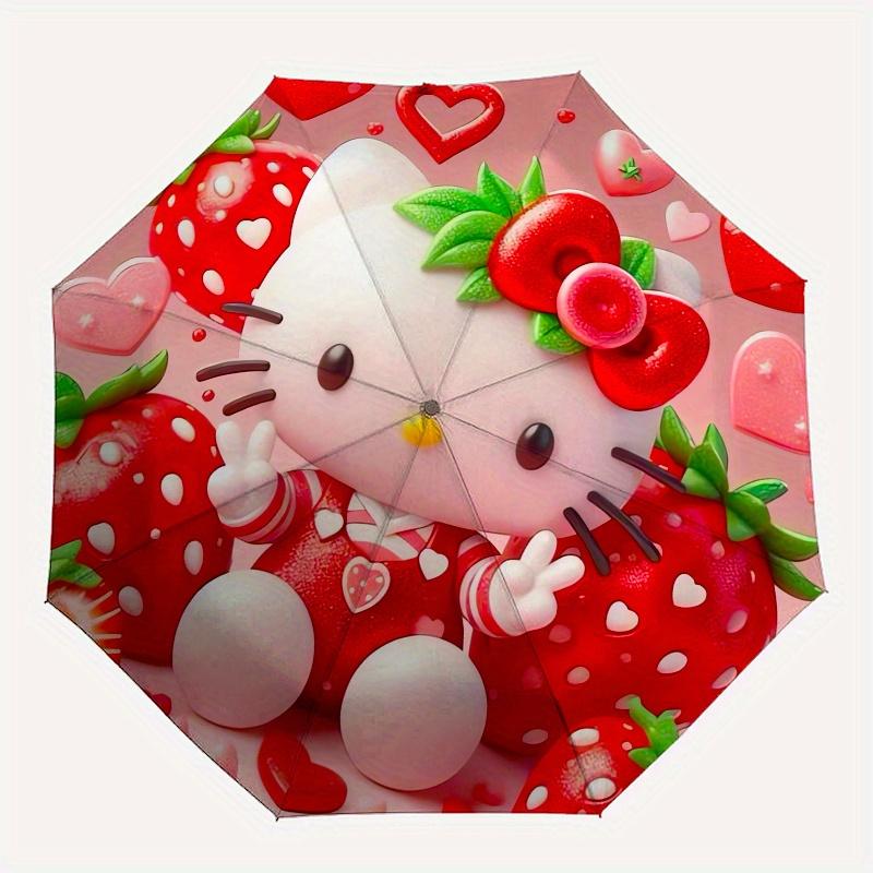 Hello Kitty,Strawberry Automatic Folding Umbrella-Simple 8-Rib Design, Bright Cartoon Pattern, Durable Iron Frame, Suitable For Travel, Outd