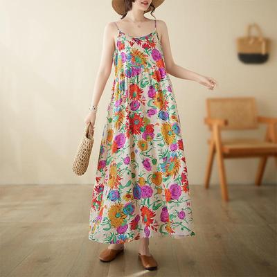 Sleeveless Strap Cotton Plus Size Vintage Floral New In Dresses For Women Casual Loose Long Summer Dress