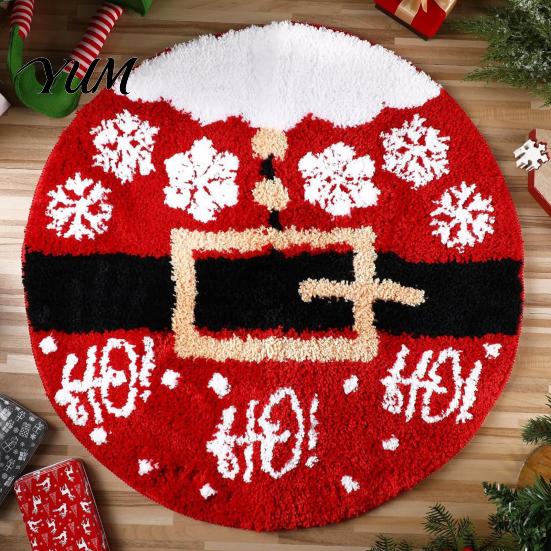 Thickened Cozy Mat Round Christmas Rug, 39" Imitation Cashmere Santa Snowflake Pattern, Holiday Party Floor Covering Area Rug for Home Living