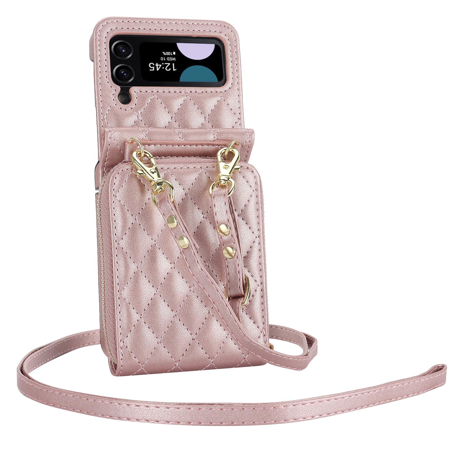 

Zipper Multi Cards Holder Leather Wallet Bag Leather Case for Samsung Galaxy Z Flip 5 4 3 Flip5 Flip4 Strap Lanyard Purse Cover for Samsung Z Flip 3-Case розового золота