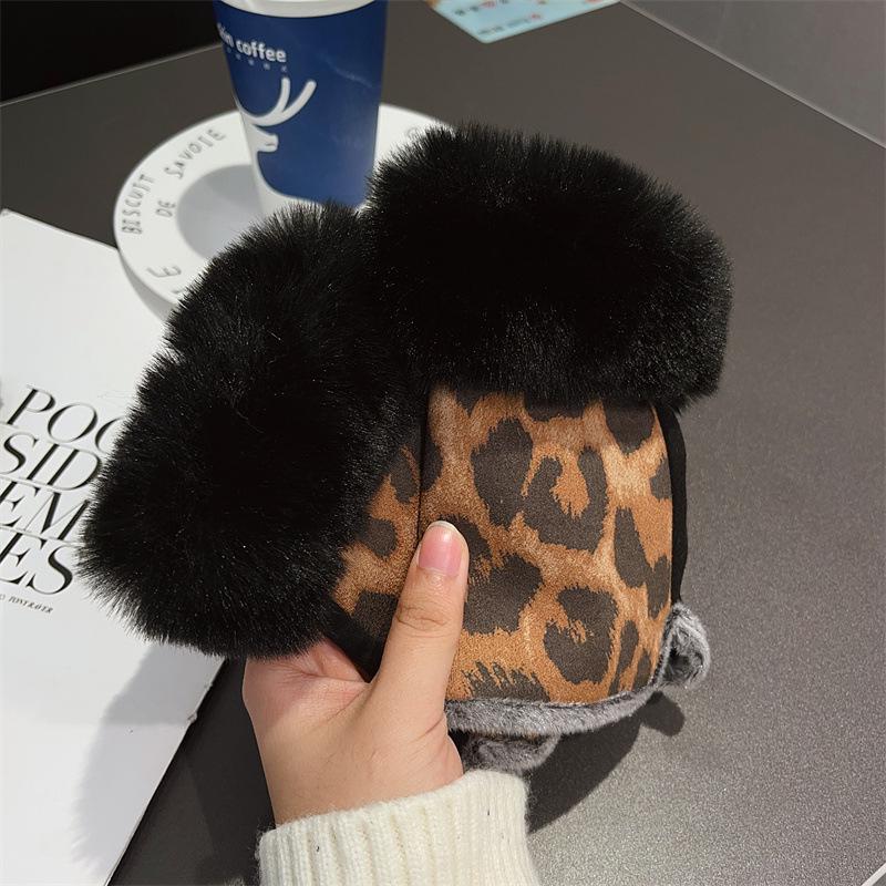 Leopard Print Plush Half-Finger Suede Gloves - Warm, Cute Winter Style for Students