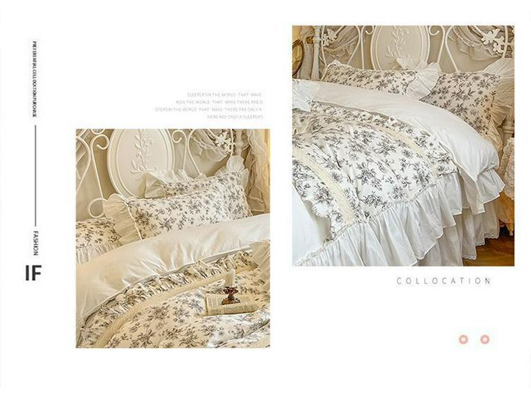 G5Z Princess Heart Cotton Four-Piece Bedding Set with Ruffled Skirt