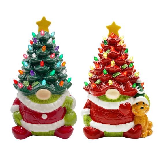 Yousheng 10 Inch Lighted Christmas Gnome Tree Resin Reindeer/Santa Dog Gnome Tree with LED Light for Home Office Fireplace Mantel Tabletop Decor