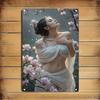 Hisun Blechschild HD Metall Wandkunst Träumerische Frau in weißem Gewand umarmt Regen inmitten rosa Magnolienblüten mit gelassenem Ausdruck Perfekt für M