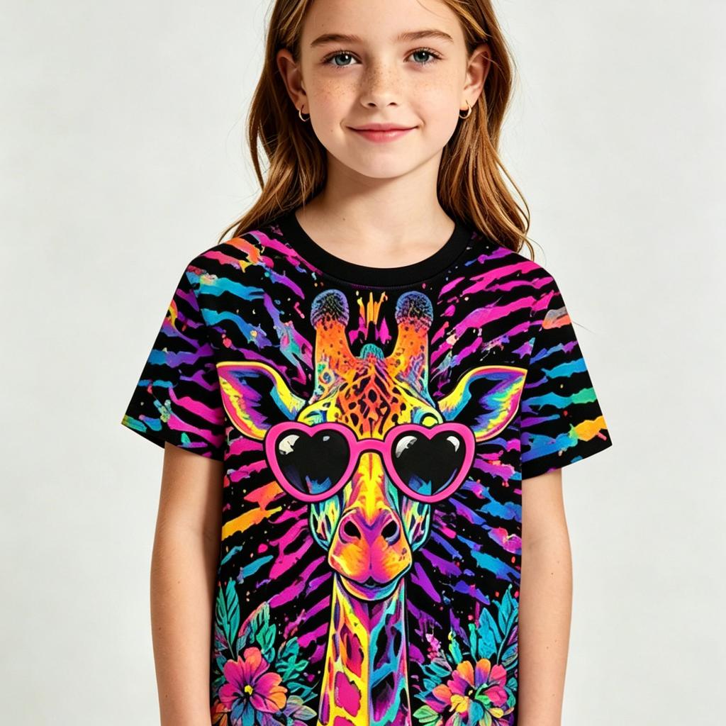 Girls Cool Giraffe Heart Sunglasses Graphic Crew Neck Short Sleeve Tee Fun Party Trip Daily Casual Trendy Streetwear Top