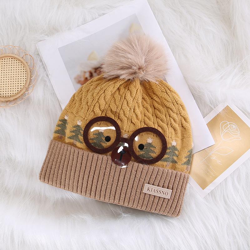 Cute Fur Ball Glasses Bear Hat Women's Autumn and Winter New Knitted Hat Versatile Ear Protection Woolen Hat Warm Pullover Hat