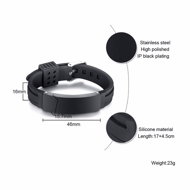 Personalized Silicone Bracelet In Black Watch Strap Band Wrist ID Elite 16mm Stainless Steel ID Tag Engravable Adjustable Bangle