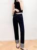 Okayama Selvedge Denim Jeans, Red Trim, Original Color, Dark Blue Cuffed Hem, Straight Leg, Slim Fit, Classic Retro Style.