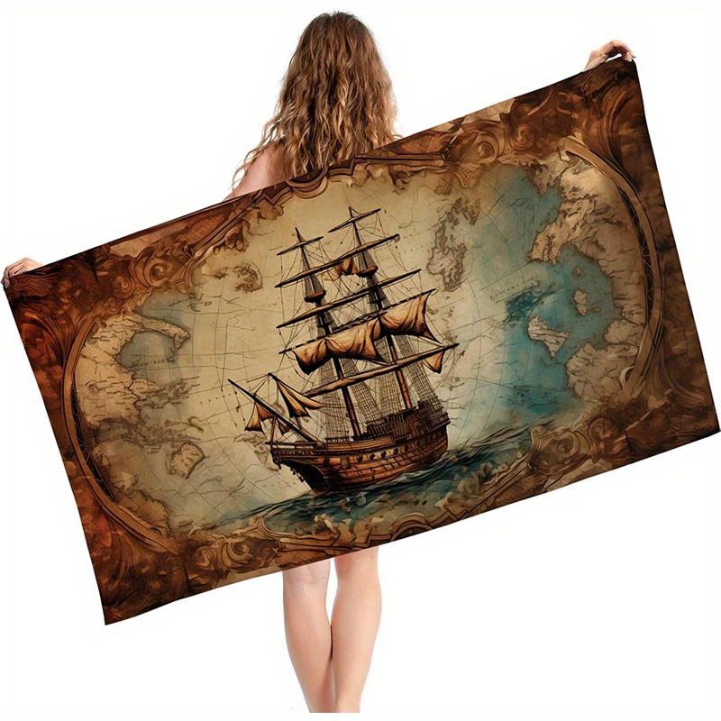 

Beach Towel Vintage Map and Ship Printed Pattern Sun Protection Windproof Suitable for Pool Camping Travel Blanket W30*H60(CM)