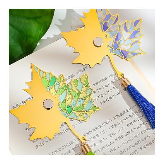 TARATI Refrigerator Magnets, Bookmarks, Metal, Translucent Design, Leaf Motif, Stained Glass Style, Tassel, Bookmark & Refrigerator Magnet, Japanese
