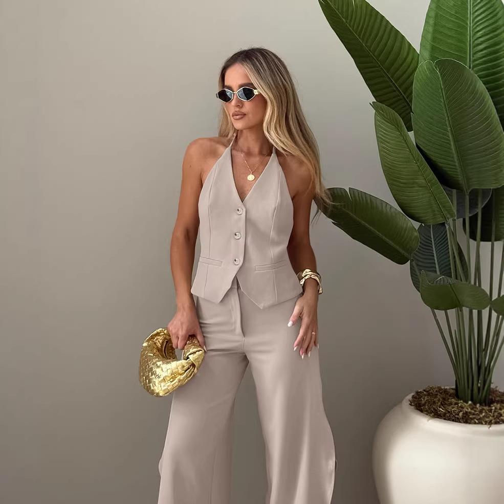 European and American khaki design women's clothing set, sleeveless waist hanging neck top, high waist hanging wide-leg pants two-piece set
