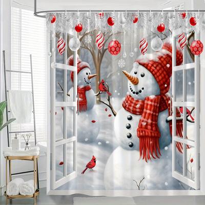 1 Stück Weihnachtsmann & Kardinal Winterwunderland Duschvorhang mit 12 Haken - Rot & Weiß Verschneiter Wald Design, Polyester