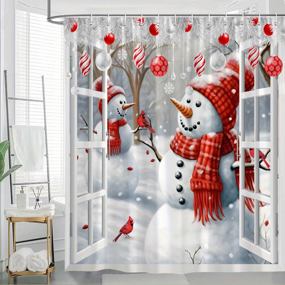 1pc Christmas Snowman & Cardinal Winter Wonderland Shower Curtain with 12 Hooks - Red & White Snowy Forest Design, Polyester 90x180cm35x71in