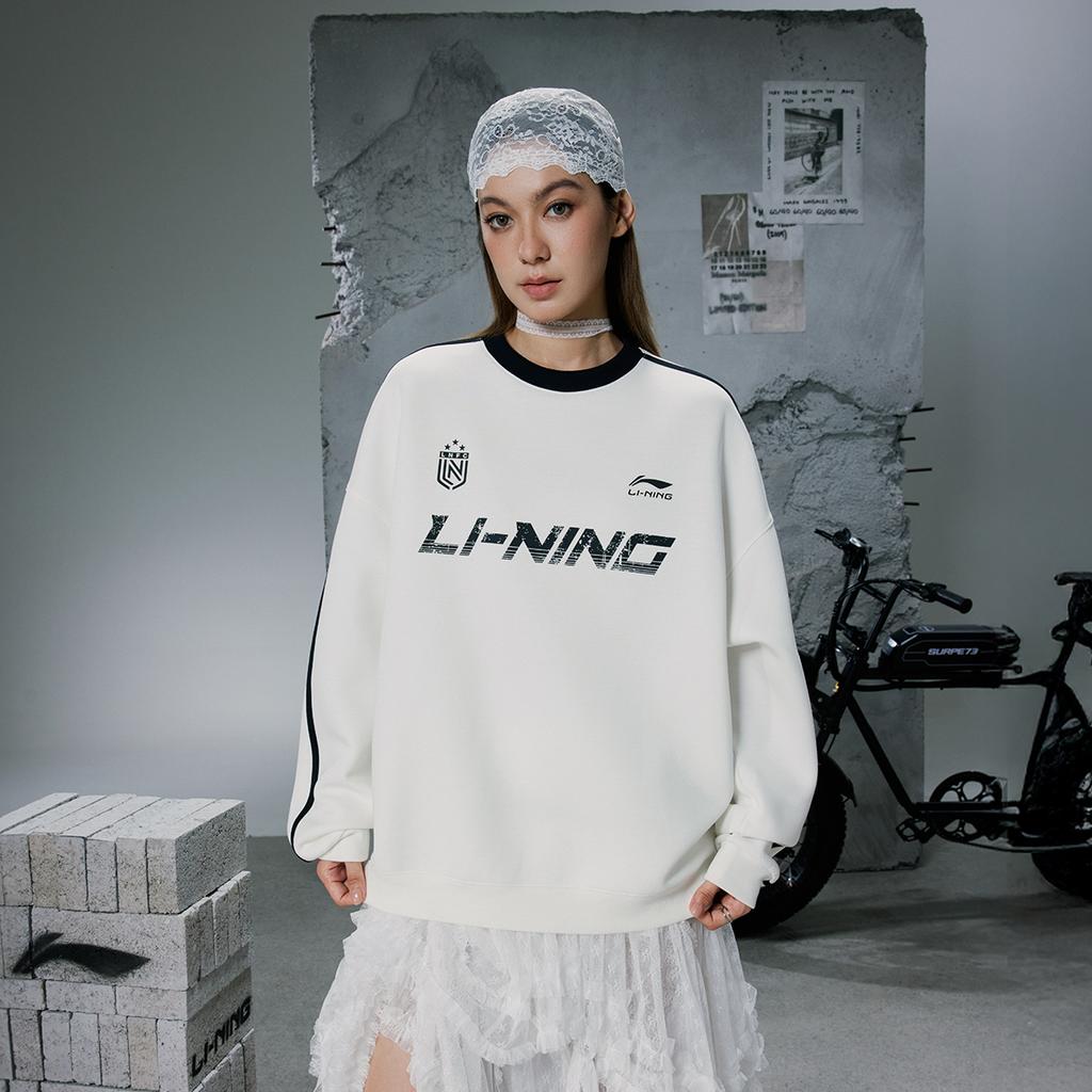Li Ning Sports Lifestyle Series Round Neck Loose Casual Retro Color Block Letter Stripe Versatile Sweatshirt Unisex Sweatshirt Off-White AWDVF87-1