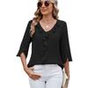 Women's V‑Neck Ruffled Trim 3/4 Split Sleeve Blouse Regular Fit Casual Solid Polyester Chiffon Top