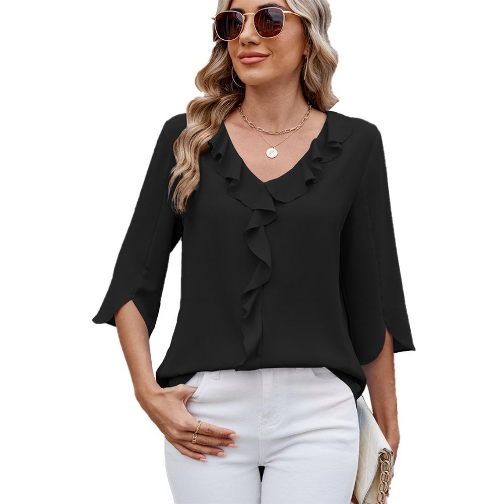 Women's V‑Neck Ruffled Trim 3/4 Split Sleeve Blouse Regular Fit Casual Solid Polyester Chiffon Top