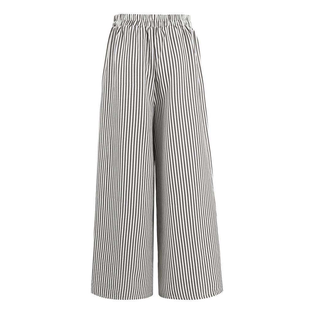 Women's Plus Size Striped Wide Leg Palazzo Pants Elastic High Waisted Baggy Loose Long Trousers