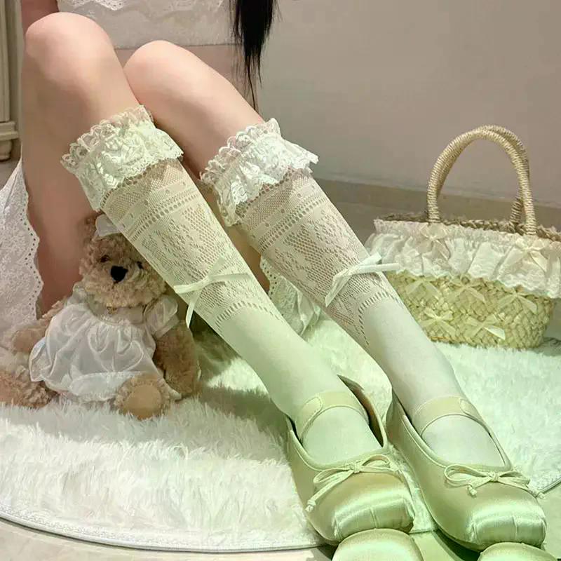 Slouch Socks Ballet Bow Mid Calf Lace Women Thin Hollow Out Summer Breathable Soft Socks for School Date and Fitness