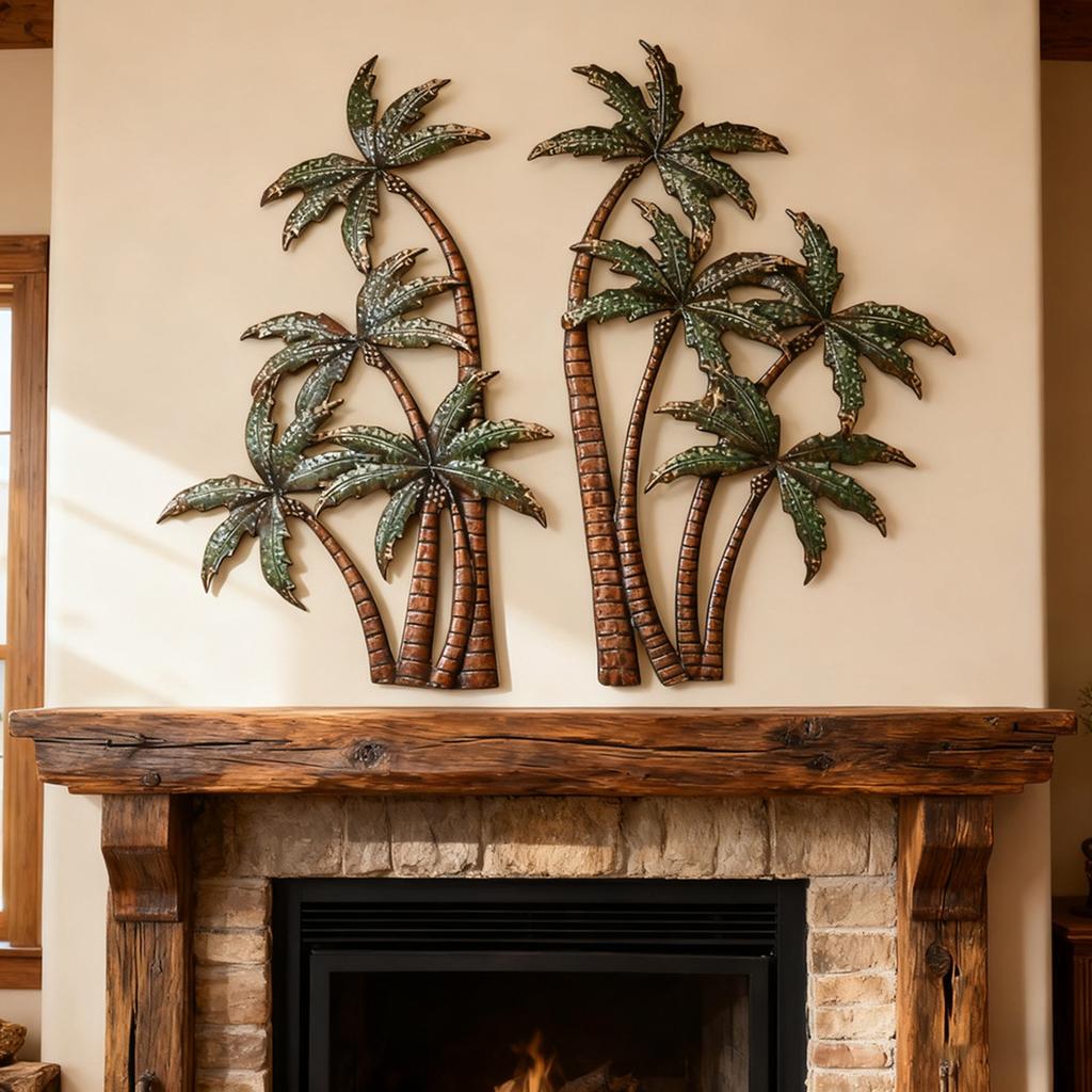 Metal Wall Art Palm Tree Silhouette Set Rustic Iron Craft Creative Decorative Hanging Sculptures for Indoor Outdoor Home and Office Display