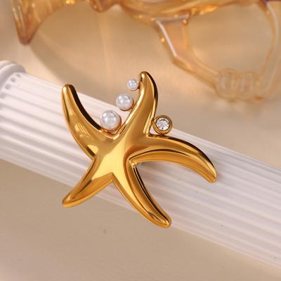 Zircon Pearl Starfish Brooch Gold Plated Stainless Steel Starfish Brooch Pins For Women Men'S Suit Jewelry Lovers Christmas
