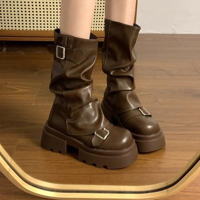 Retrobruna höjdökande Martin-kängor med tjock sula för dam 2025 nya vår- och höst Maillard stapelkängor med medelhögt skaft byxskaftskängor