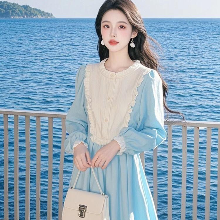 

Платье с подчеркивающей талию деталью, синее лоскутное, в стиле принцессы, с нежным характером, длинное XL