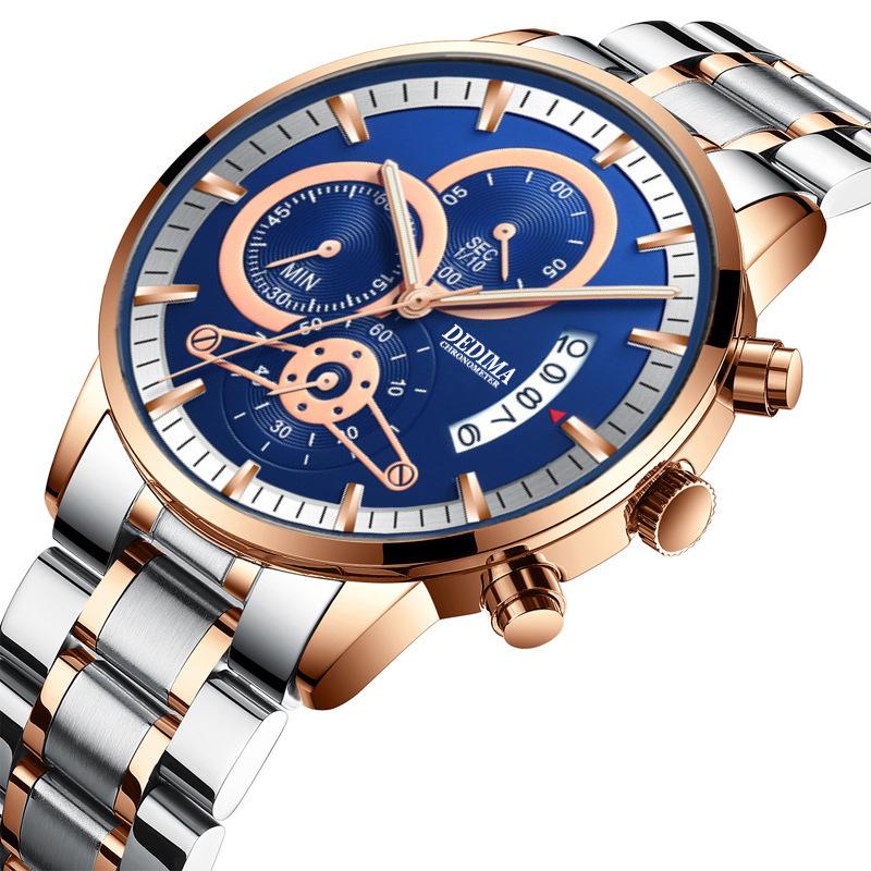 KINGNUOS Herrenuhr mit massivem Stahlarmband, wasserdicht, beschichtetes Glas, leuchtend, drei Augen, 6 Zeiger, Quarzuhr