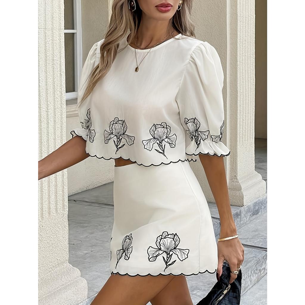 Spring Summer New Women's Set, European American Style Fashion Simple Versatile Print Top, Elegant Outfit With Lace Trim