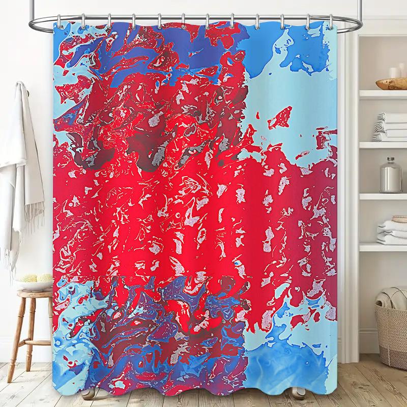 Bathroom Shower Curtain with Red Blue White Geometric Pattern Waterproof Print Fabric Home Decor Customizable Size Options Avail