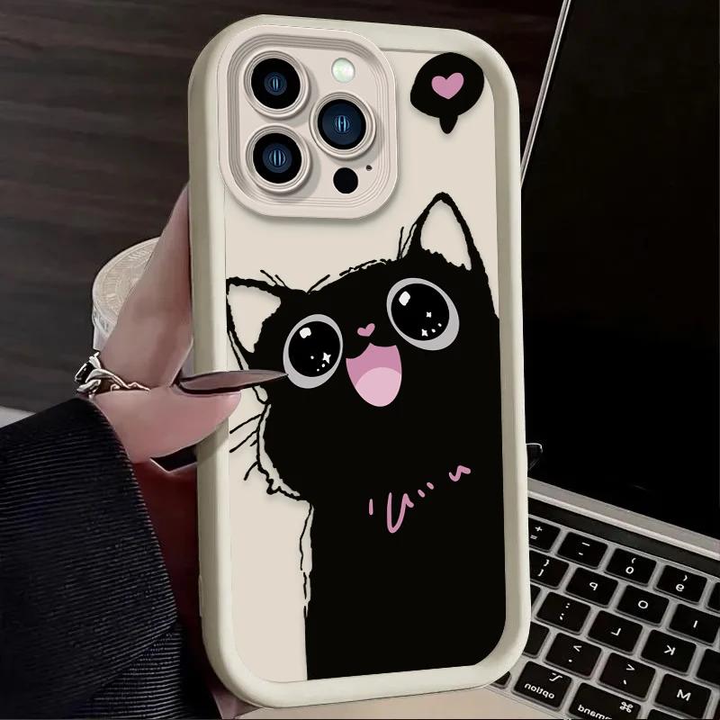 Lovely Black Cat love Heart Silicone Soft Phone Case For iPhone 16 15 14 13 12 11 Pro Max XS X XR 7 8 SE Shockproof