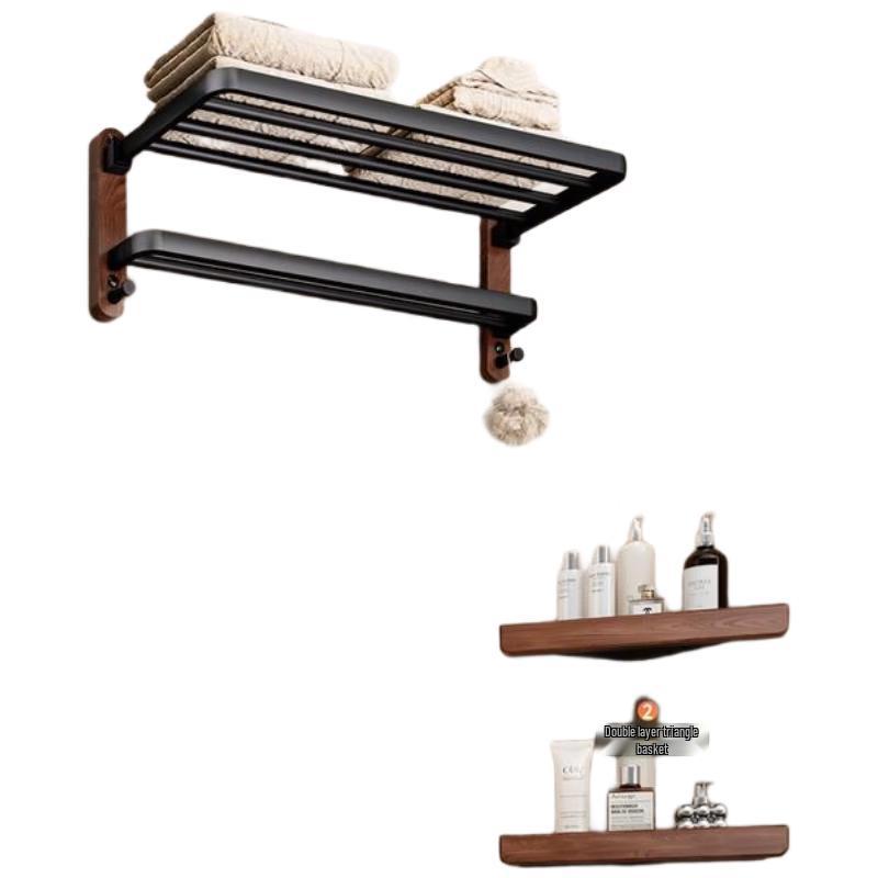HANDUNYOU Black Walnut Towel Rack & Bathroom Shelf Set