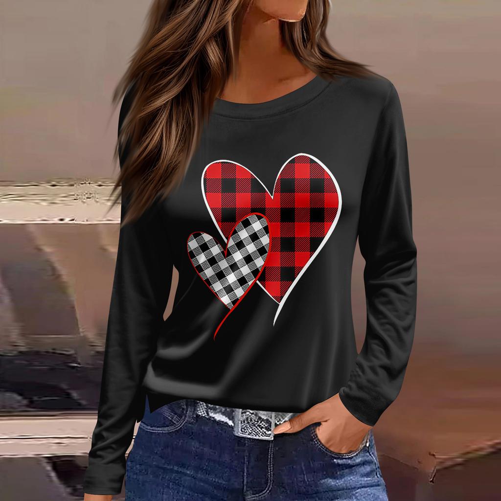 Women's Fashion Casual Slit Hem Round Neck Long Sleeve Loose  Printed T-Shirt Ladies Top