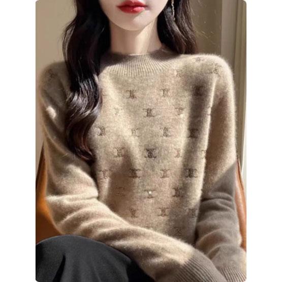 

Женский свитер из тонкой шерсти с утолщением, с полувысоким воротником, украшенный бриллиантами в виде листьев, пуловер, женский вязаный базовый топ, осень-зима XXXL дубильная кора