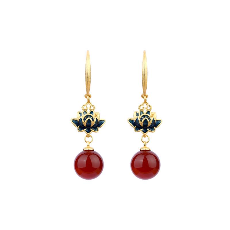 Chinese National Trend Chalcedony Lotus Stud Earrings for Qipao & Hanfu - Good Luck Ancient Style Accessories