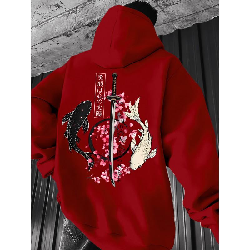Unisex Oversized Hoodie Met Japanse Koi Zwaard Kerselbloesem Ukiyo-e Print Losse Pasvorm Streetwear